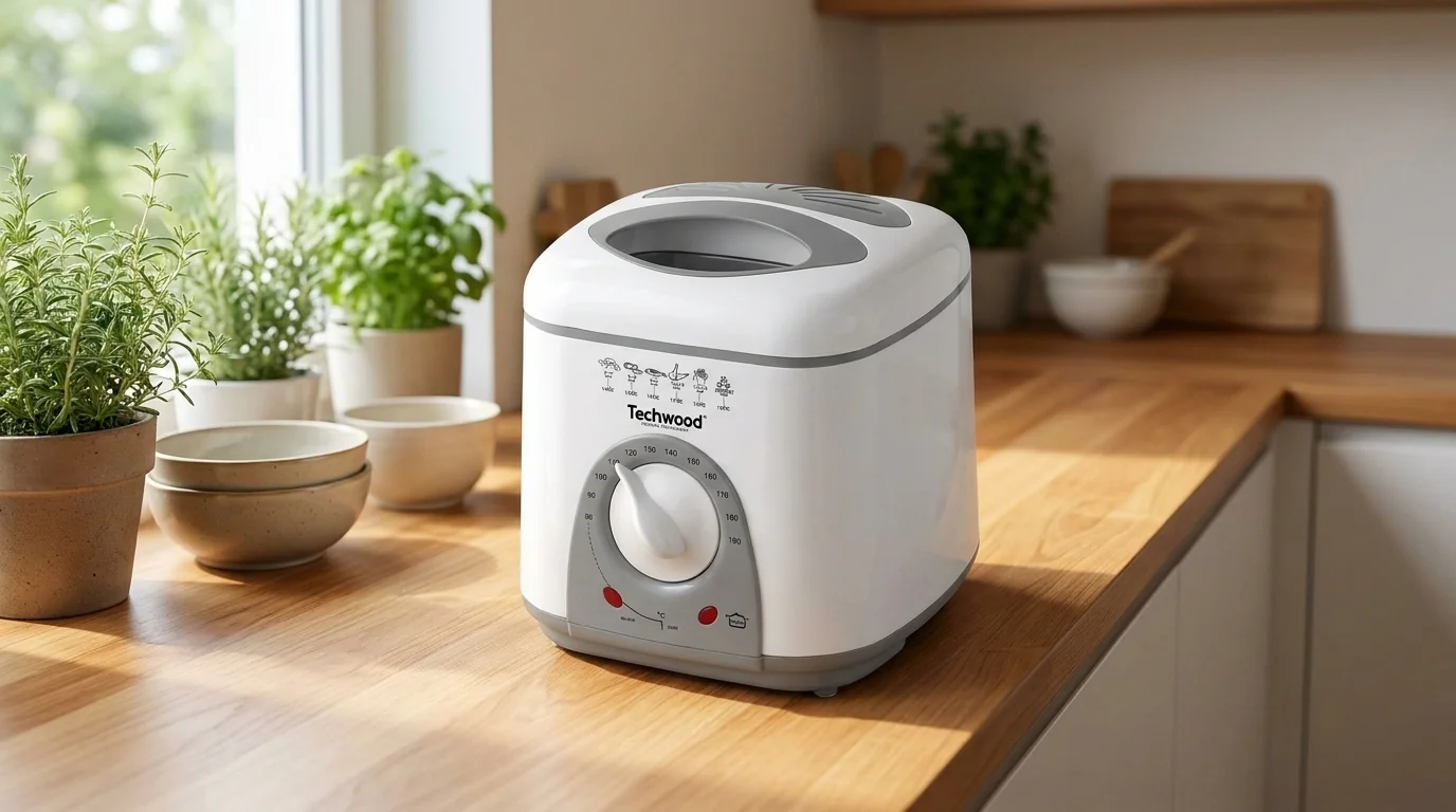Bílá kompaktní fritéza Techwood TFF81 s otočným voličem teploty na dřevěné kuchyňské lince.