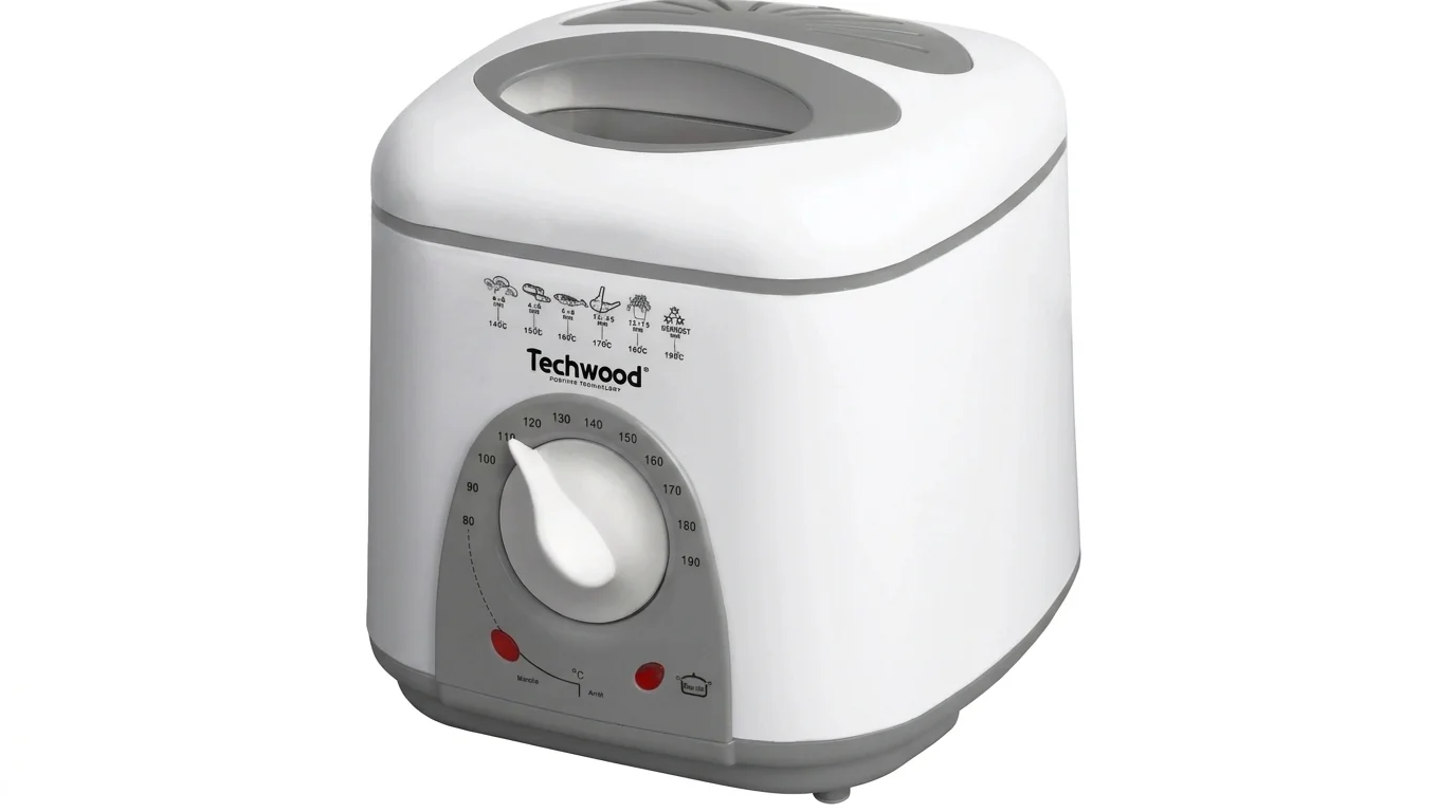 Bílá fritéza Techwood TFF81 s průhledovým okénkem ve víku a předním otočným regulátorem teploty.