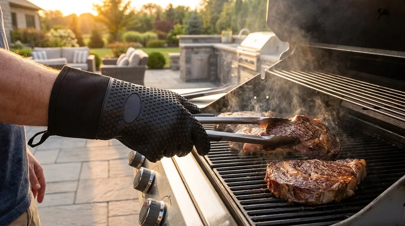 Čierna silikónová grilovacia rukavica Lamart LT5029 na ruke pri obracaní steakov kliešťami na záhradnom grile.