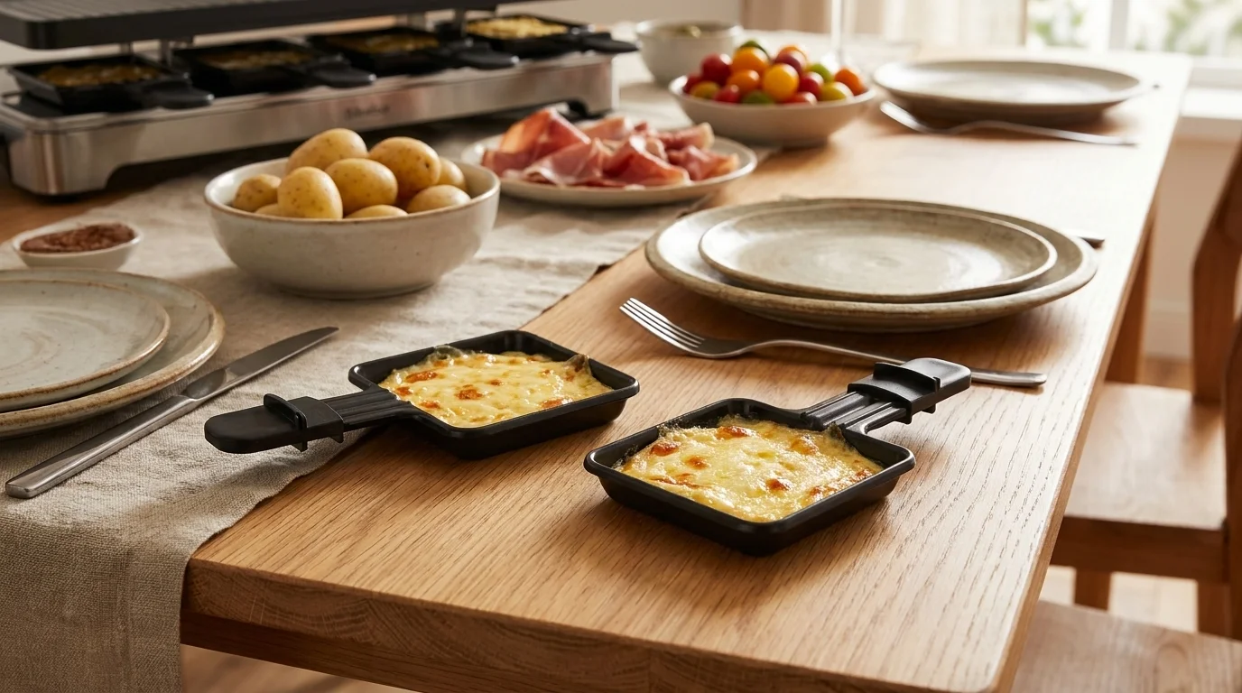 Dvě černé pánvičky Sencor SBX 100 se zapečeným sýrem na dřevěném stole s raclette grilem v pozadí.