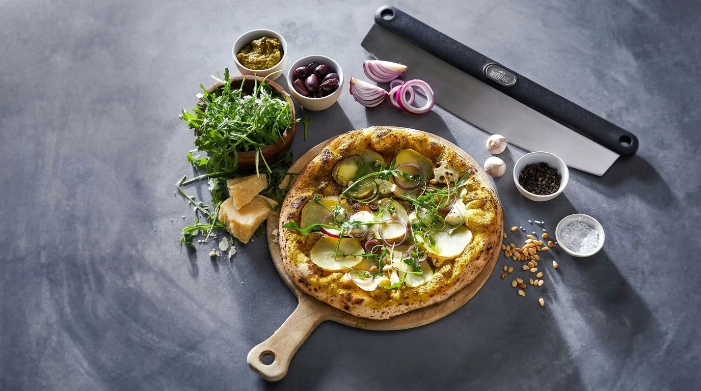 Kolébkový pizza kráječ Witt s černou rukojetí vedle čerstvě upečené pizzy na dřevěném prkénku a misek s ingrediencemi.