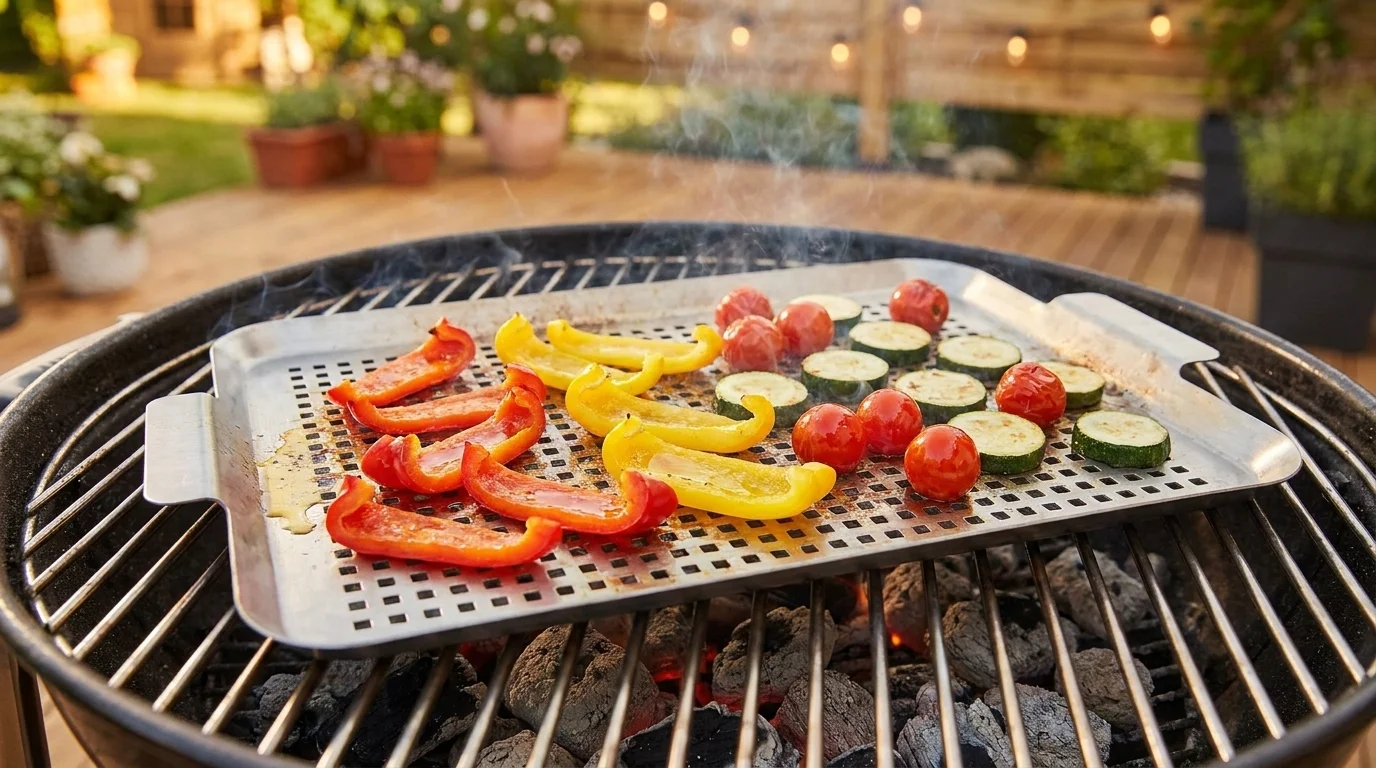 Nerezový grilovací plech Lamart LT5036 s otvory, na kterém se na zahradním grilu připravuje nakrájená zelenina.