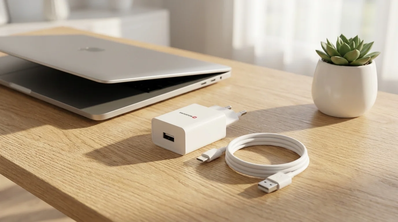 Bílá nabíječka do sítě Swissten a USB-A na USB-C kabel položené na dřevěném stole vedle pootevřeného notebooku.