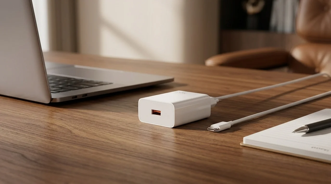 Bílá síťová nabíječka Xiaomi s USB-C kabelem položená na dřevěném stole vedle notebooku.