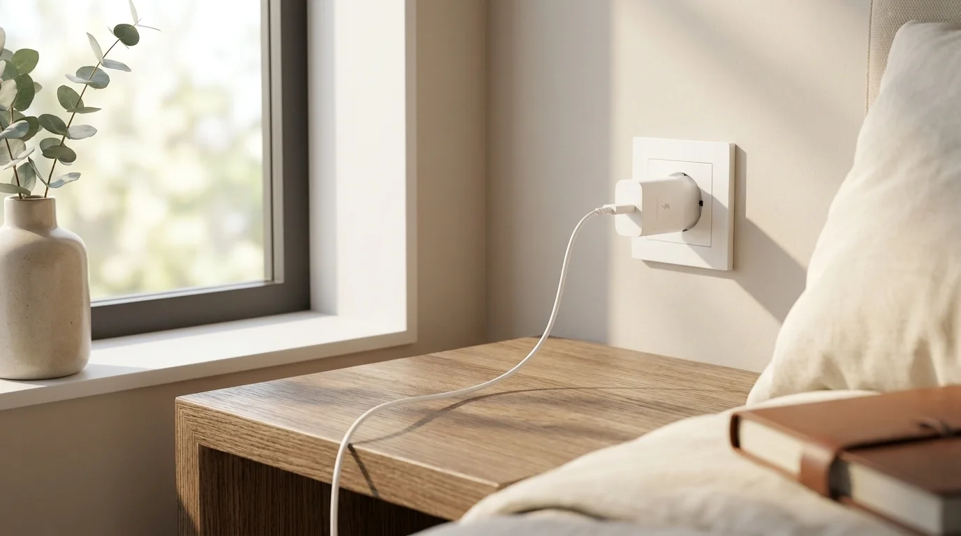 Bílá síťová nabíječka Samsung zapojená v zásuvce nad dřevěným nočním stolkem s připojeným bílým kabelem.
