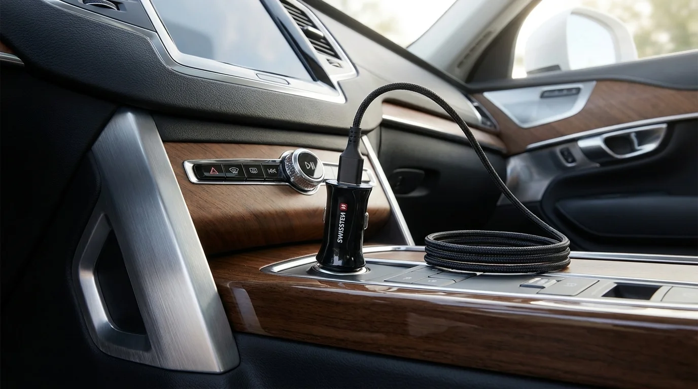 Černá nabíječka do auta Swissten zapojená v autozásuvce na středovém panelu s připojeným kabelem.