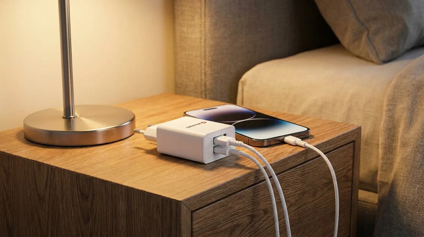 Bílá nabíječka Swissten se dvěma zapojenými kabely leží na dřevěném nočním stolku vedle chytrého telefonu a lampy.