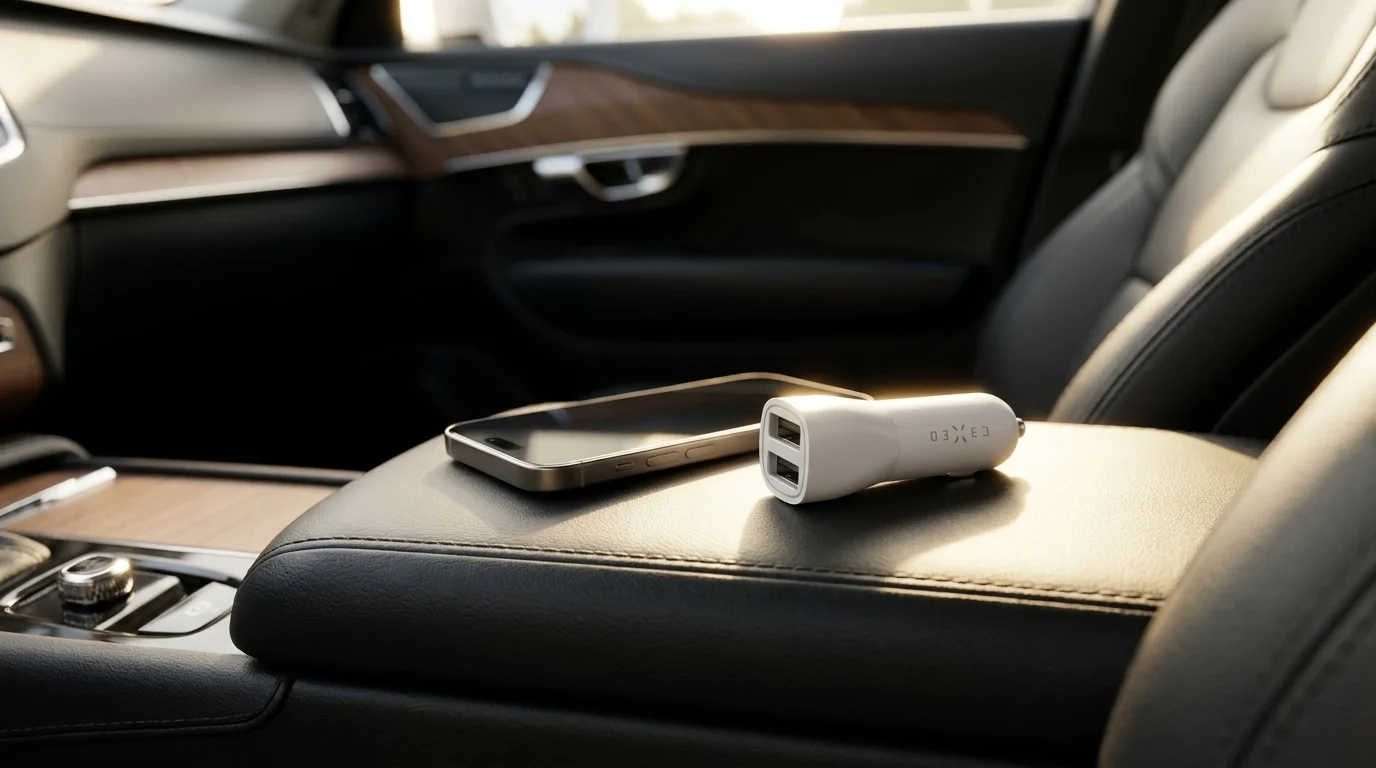 Bílá autonabíječka FIXED se dvěma USB porty položená vedle chytrého telefonu na loketní opěrce v autě.