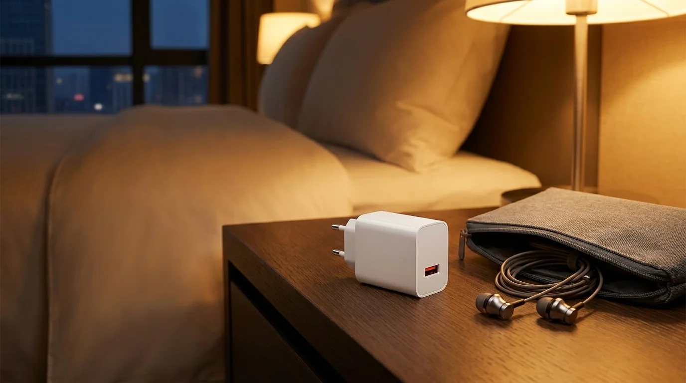 Bílá síťová nabíječka Xiaomi s oranžovým USB-A portem položená na dřevěném stolku vedle sluchátek a pouzdra.