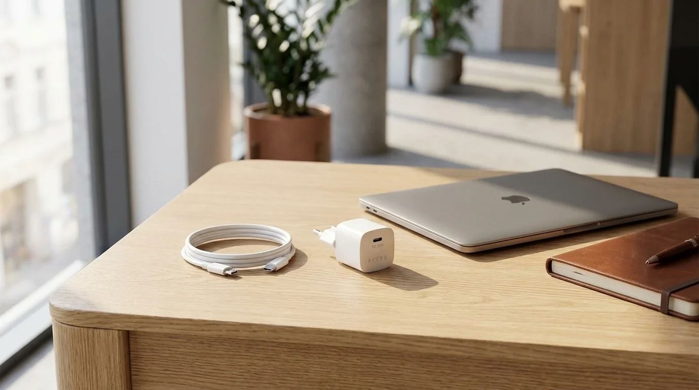 Biela sieťová nabíjačka FIXED a USB-C kábel položené na drevenom stole vedľa notebooku a zápisníka.