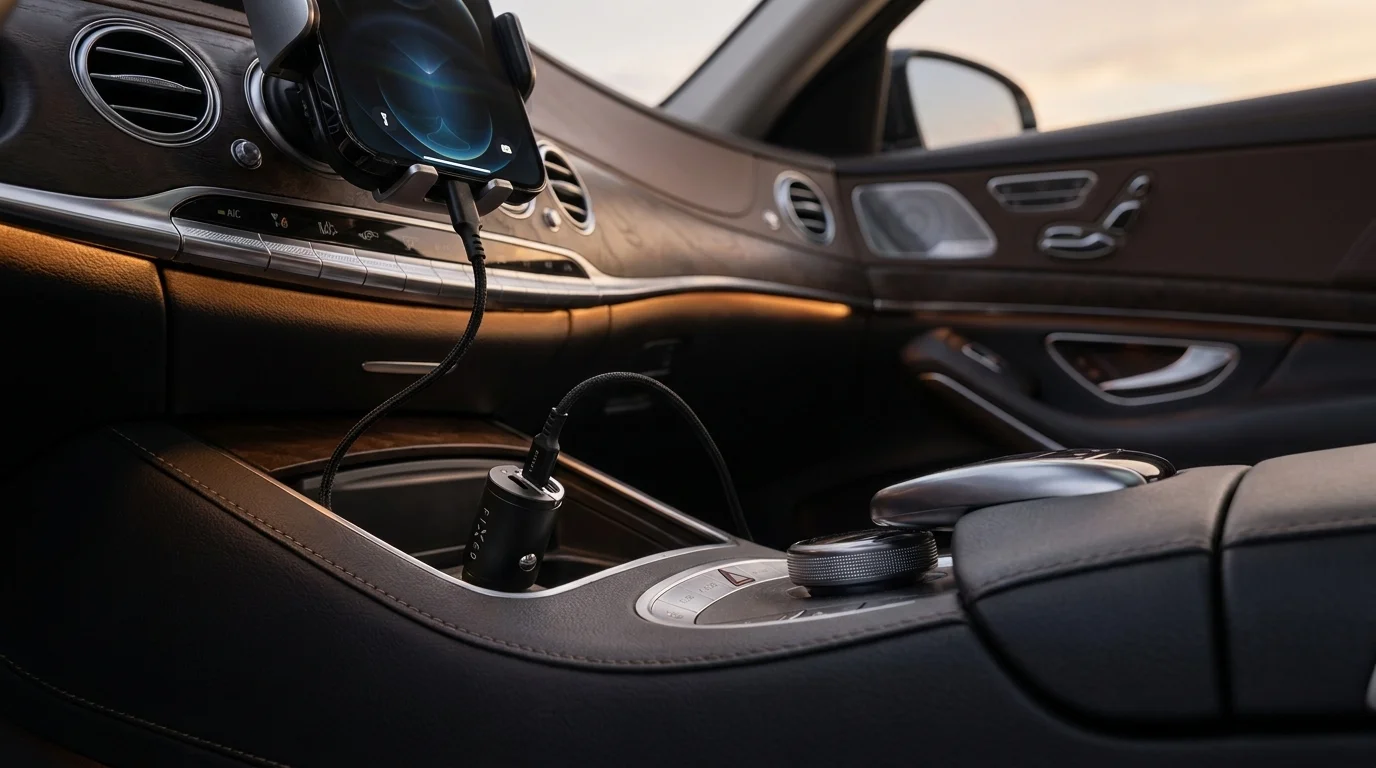 Autonabíječka FIXED zapojená v autozásuvce napájí pomocí kabelu mobilní telefon v držáku na palubní desce.