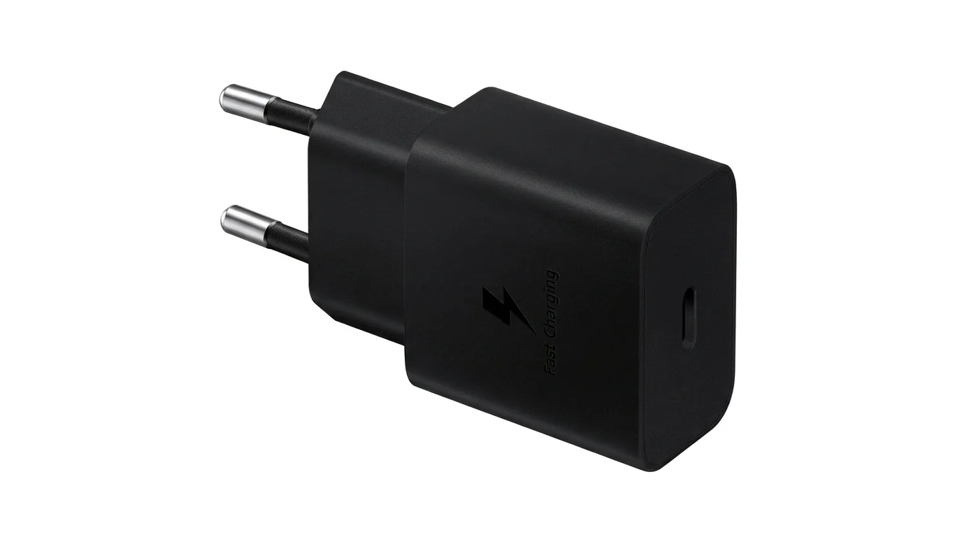 Černá síťová nabíječka Samsung s USB-C portem a symbolem Fast Charging.