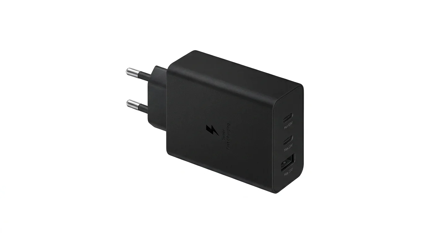 Černá nabíječka do sítě Samsung Trio se dvěma porty USB-C a jedním portem USB-A.