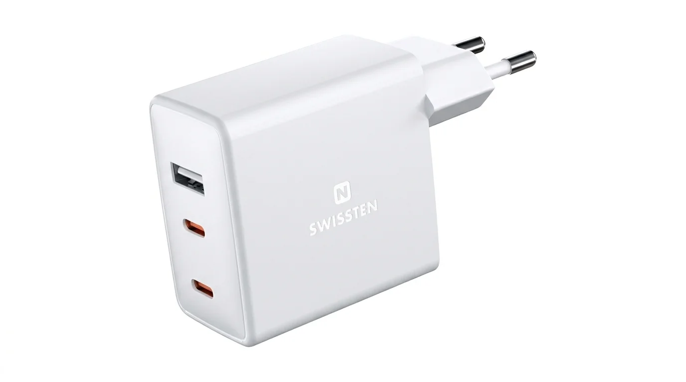 Bílý síťový adaptér Swissten se dvěma porty USB-C, jedním USB-A a evropskou zástrčkou.