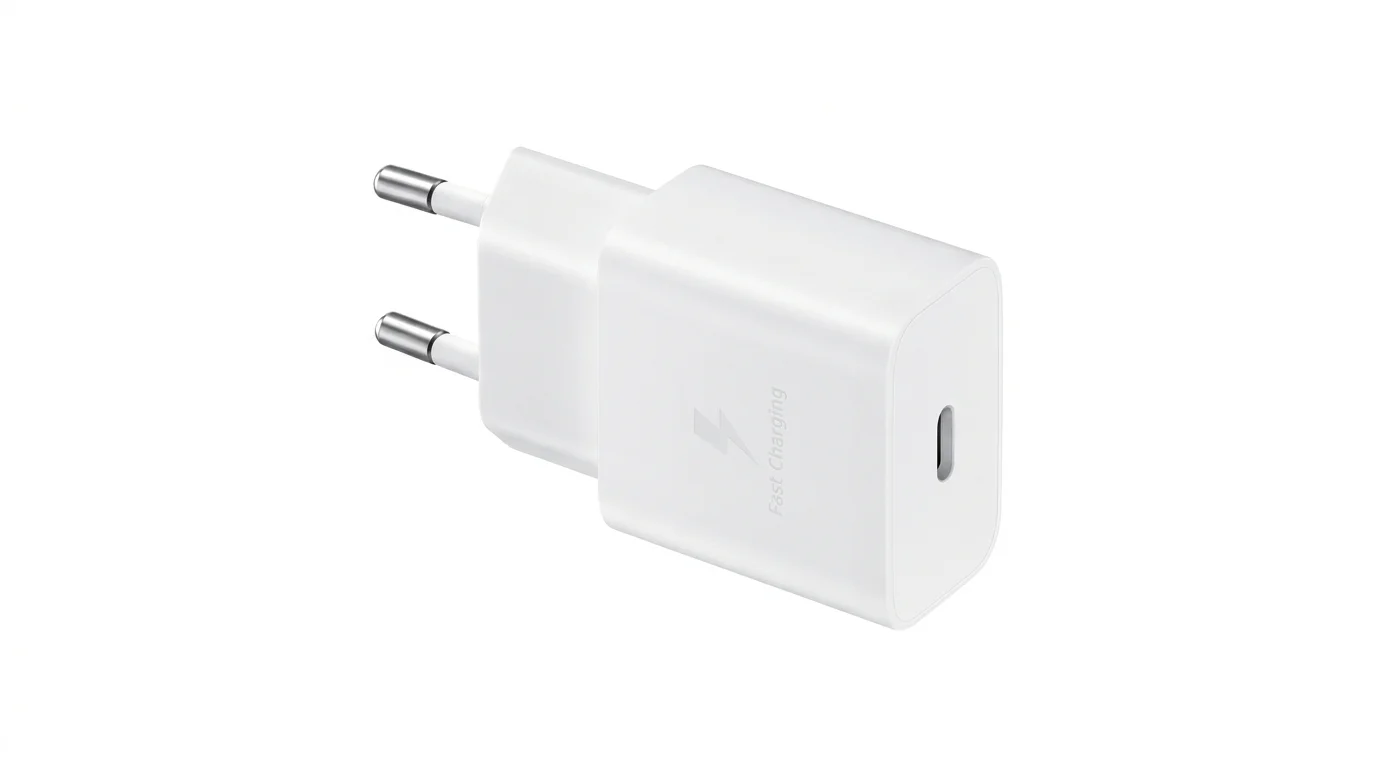 Bílá síťová nabíječka Samsung s evropskou vidlicí a jedním portem USB-C na přední straně.