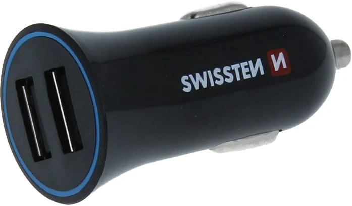 Černá nabíječka do auta Swissten se dvěma USB porty a modrým kroužkem na přední straně.
