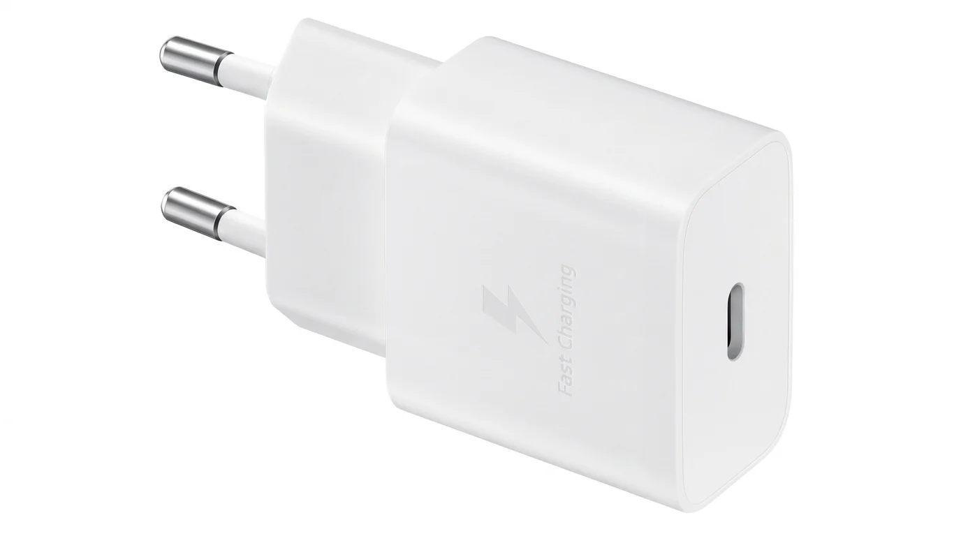 Bílá nabíječka do sítě Samsung s jedním výstupním portem USB-C a logem rychlého nabíjení.