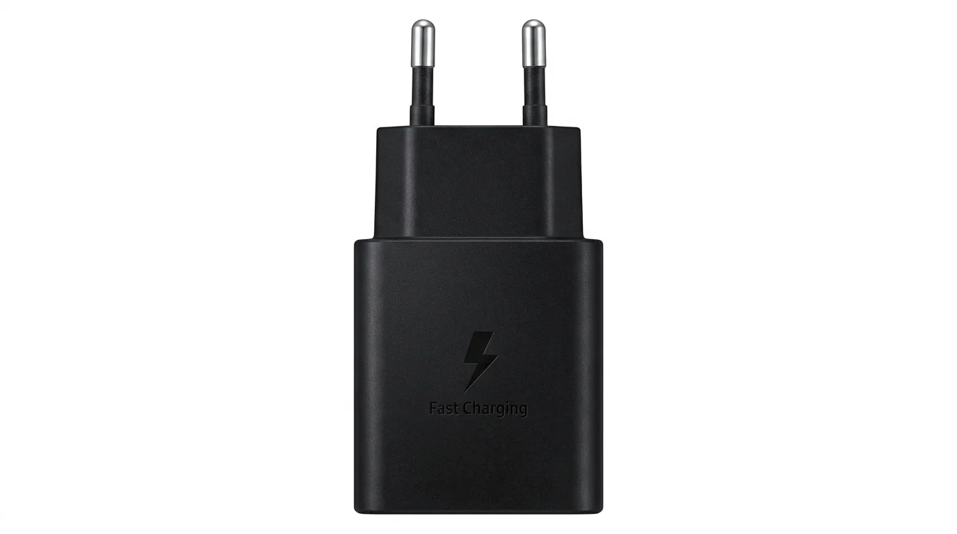 Čierna sieťová nabíjačka Samsung do zásuvky s nápisom Fast Charging a symbolom blesku.