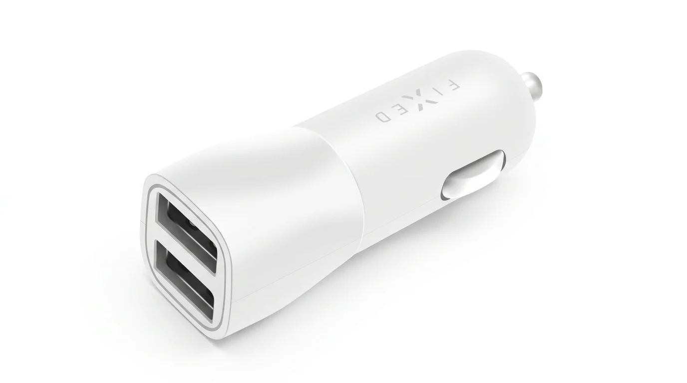Bílá autonabíječka FIXED se dvěma USB porty a konektorem do autozapalovače.