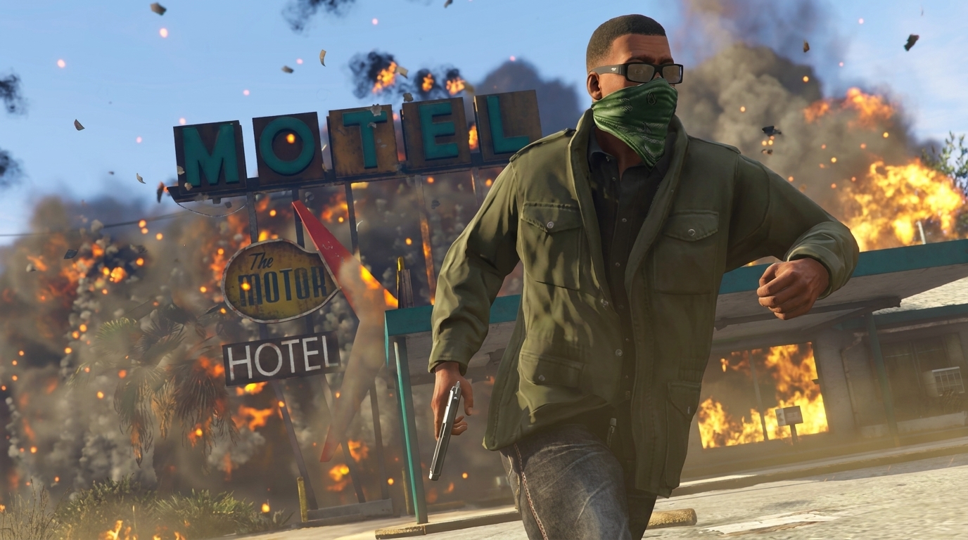 Postava z hry Grand Theft Auto V v zelenej bunde a šatke cez tvár uteká s pištoľou v ruke pred vybuchujúcim motelom.