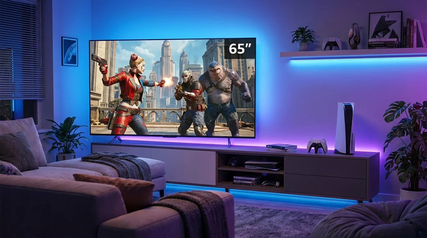 Na 65" televizní obrazovce v moderně osvětleném pokoji s konzolí PS5 běží hra Suicide Squad s postavami Harley Quinn, Deadshot a King Shark.