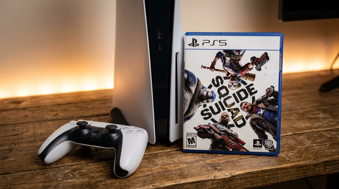 Konzole PlayStation 5 s bezdrátovým ovladačem a krabičkou s hrou Suicide Squad: Kill the Justice League na dřevěném stole.