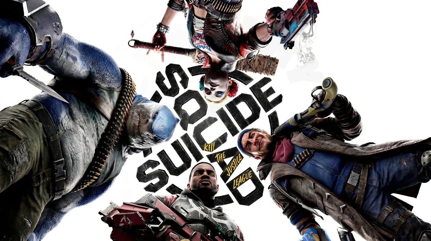 Čtyři hlavní postavy ze hry Suicide Squad: Kill the Justice League shlížejí dolů na bílém pozadí s logem hry.