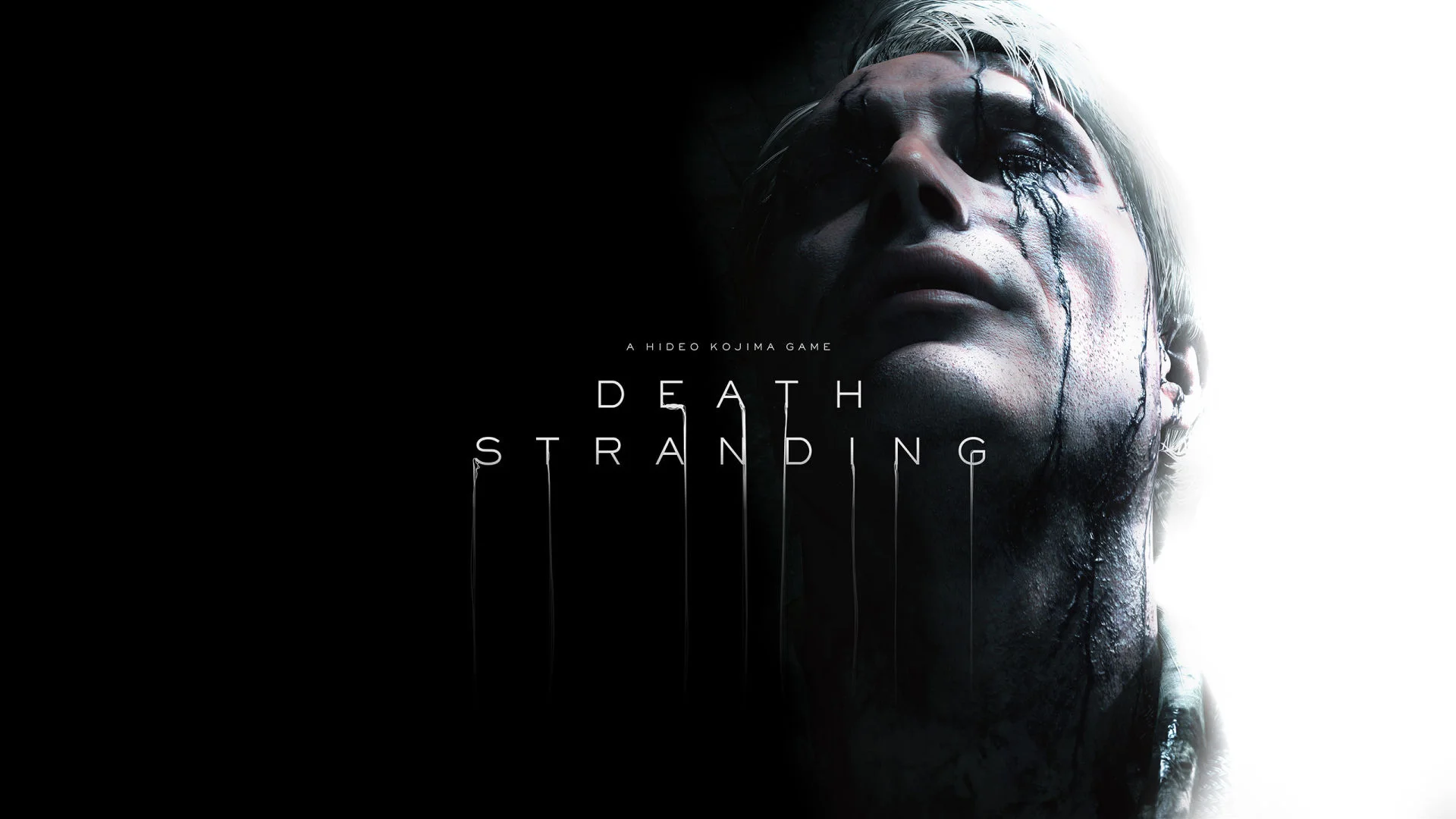 Detailní záběr na tvář muže se stékající černou tekutinou z očí a nápisem Death Stranding na tmavém pozadí.