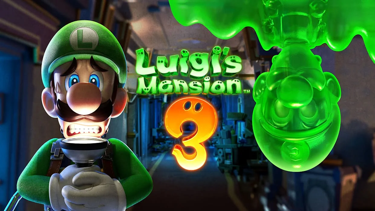 Vystrašený Luigi držící svítilnu a jeho zelený slizký klon Gooigi visící hlavou dolů vedle loga hry Luigi's Mansion 3.