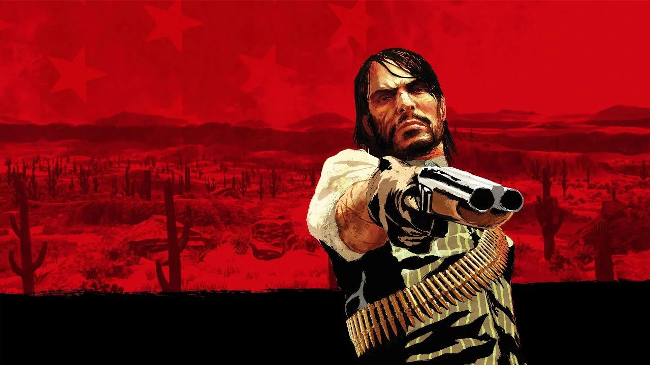 John Marston mieri brokovnicou na červenom pozadí s motívom divokého západu z hry Red Dead Redemption.