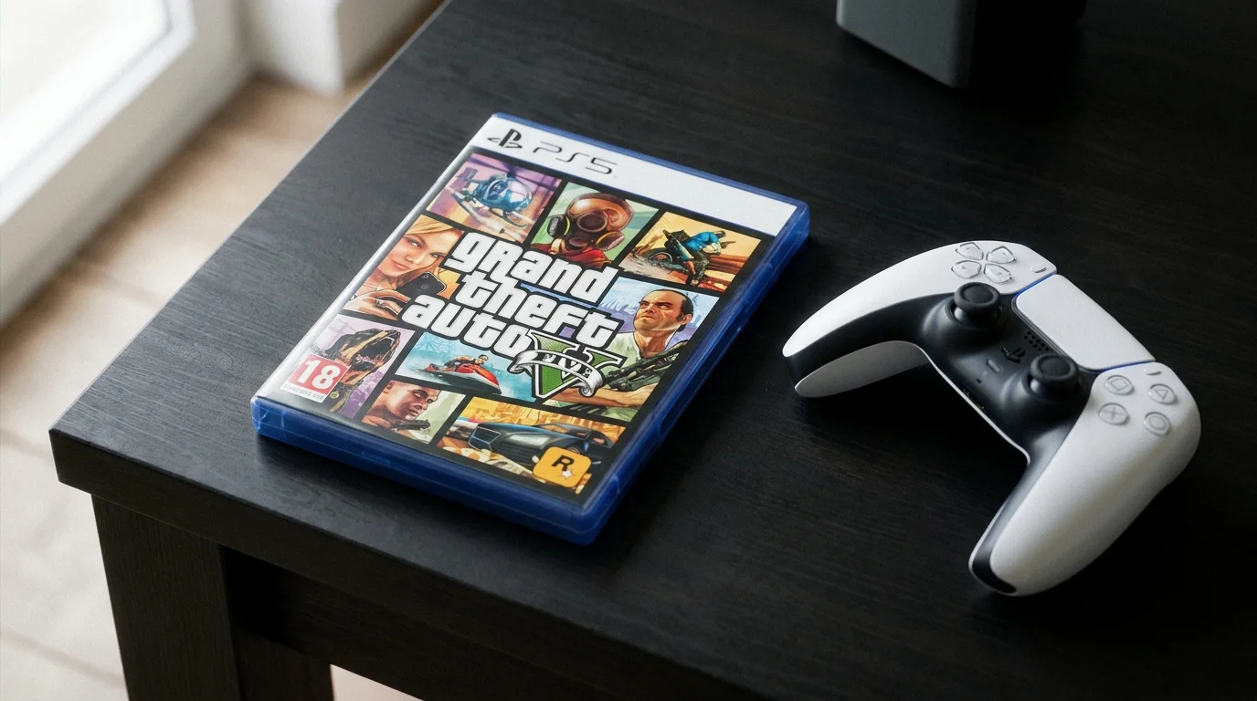 Hra Grand Theft Auto V pre PS5 v obale a biely ovládač DualSense na tmavom drevenom stole.