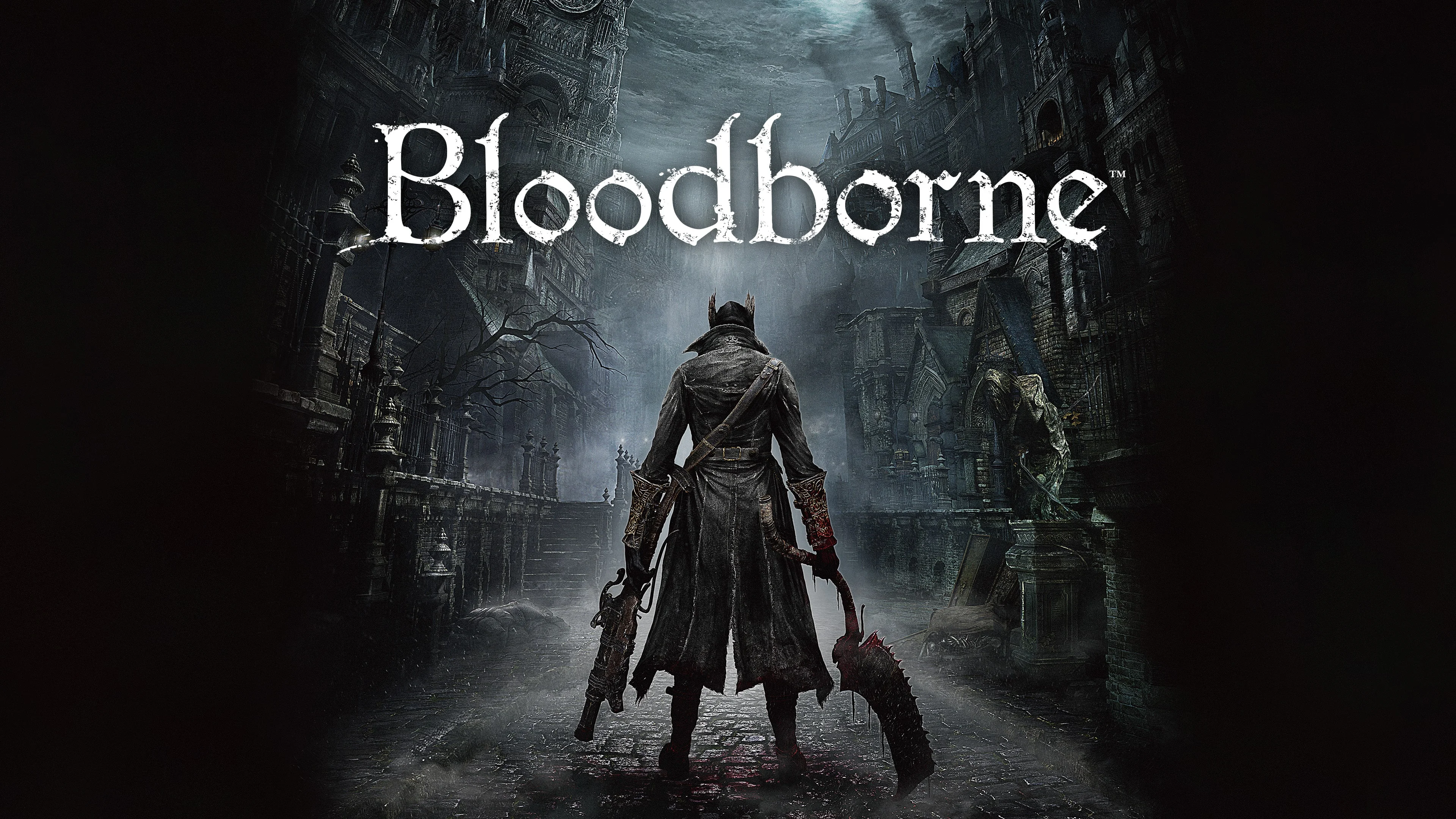 Lovec so zbraňami v rukách stojí chrbtom na tmavej gotickej ulici pod bielym nápisom Bloodborne.
