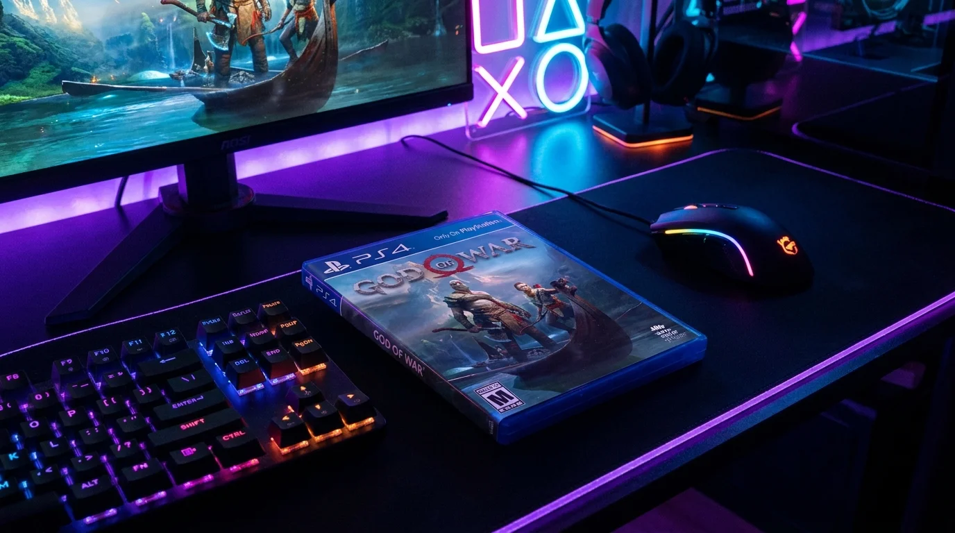 Krabička hry God of War pro PS4 leží na herním stole vedle podsvícené klávesnice a myši, s monitorem a neonovými symboly v pozadí.