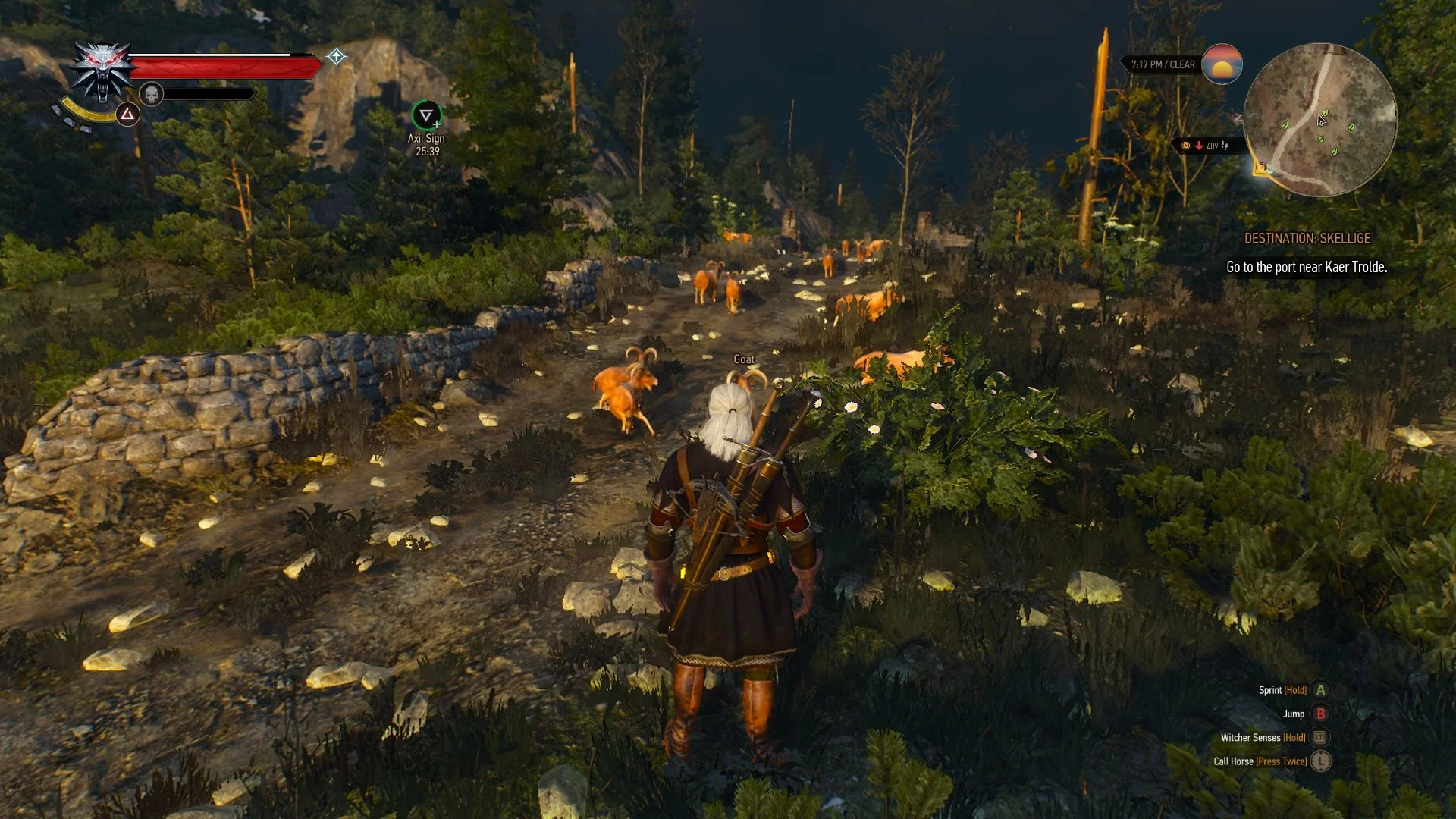 Geralt z Rivie stojí na lesní cestě s kozami v herním záběru ze hry Zaklínač 3: Divoký Hon.