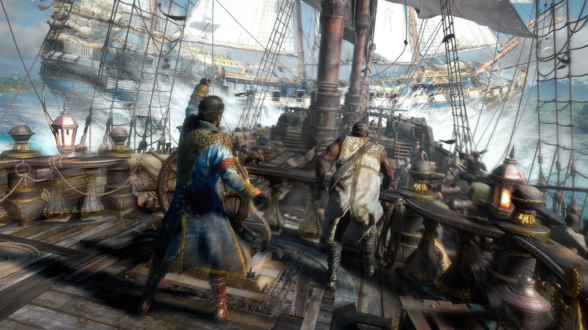 Kapitán u kormidla na palubě lodi během dramatické námořní bitvy ve hře Skull and Bones.