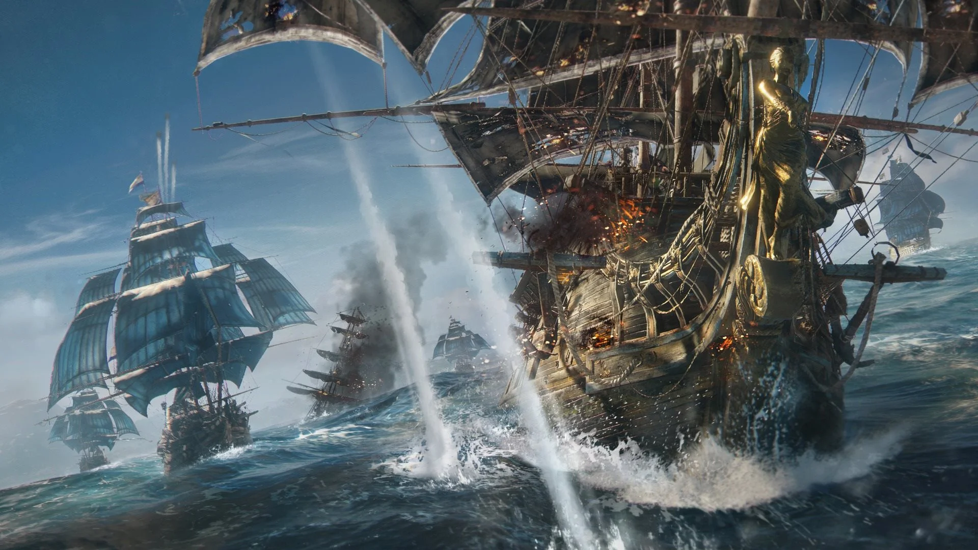 Dramatická námořní bitva plachetnic na rozbouřeném moři v akční hře Skull and Bones.