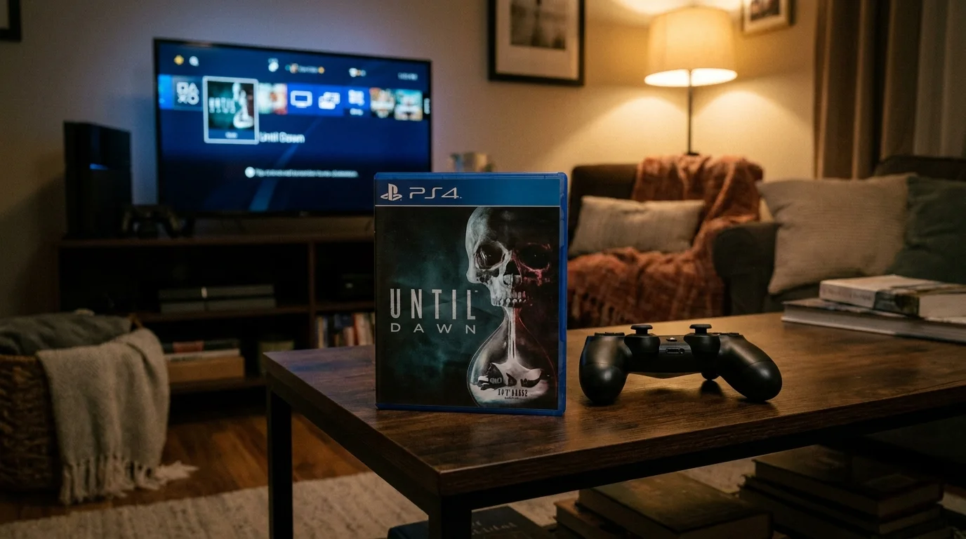 Krabička s hrou Until Dawn pro PS4 a herní ovladač na dřevěném stolku v obývacím pokoji s televizí v pozadí.
