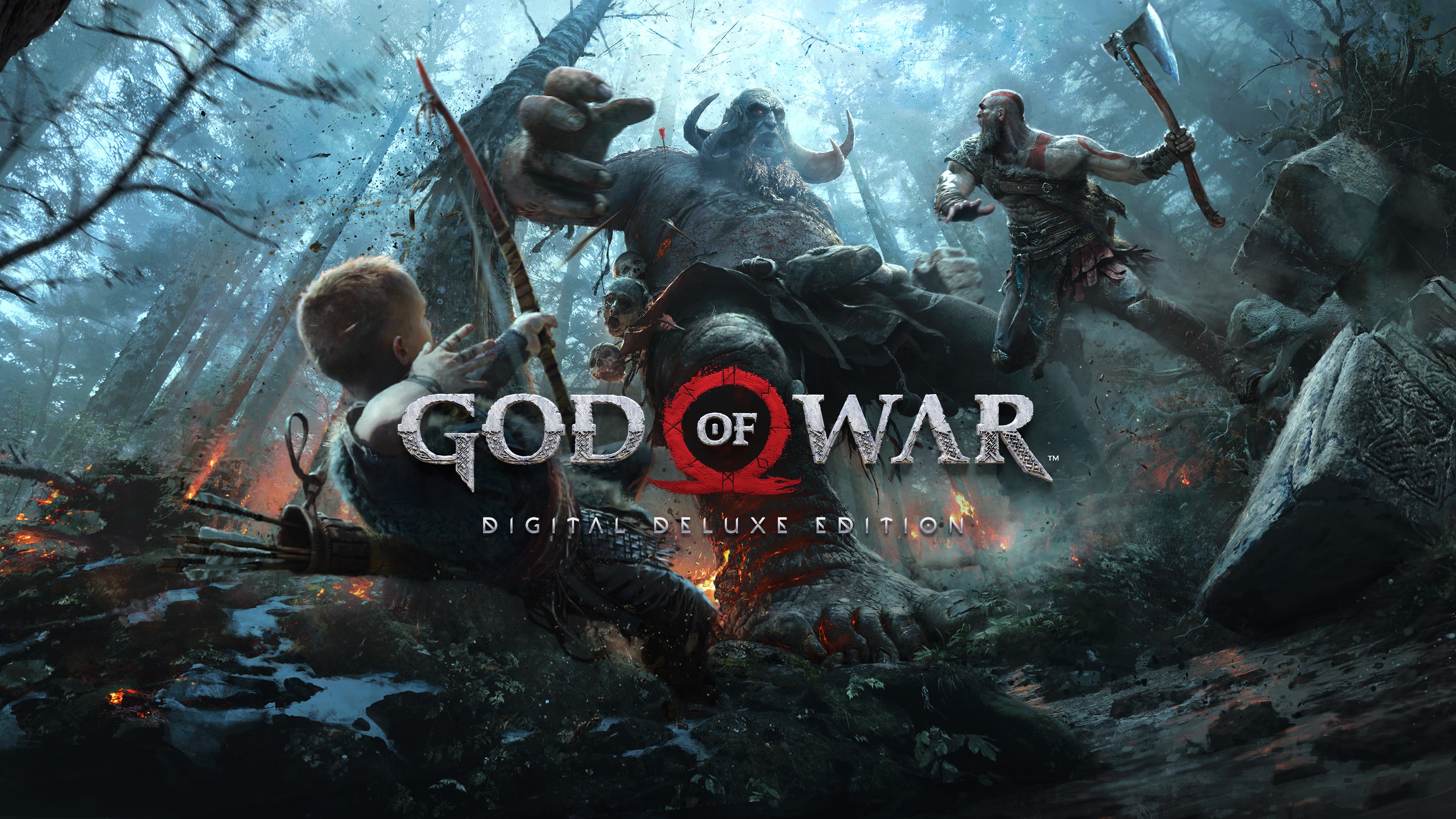 Kratos se sekerou a Atreus s lukem bojují s obřím trollem v zasněženém lese pod nápisem God of War Digital Deluxe Edition.