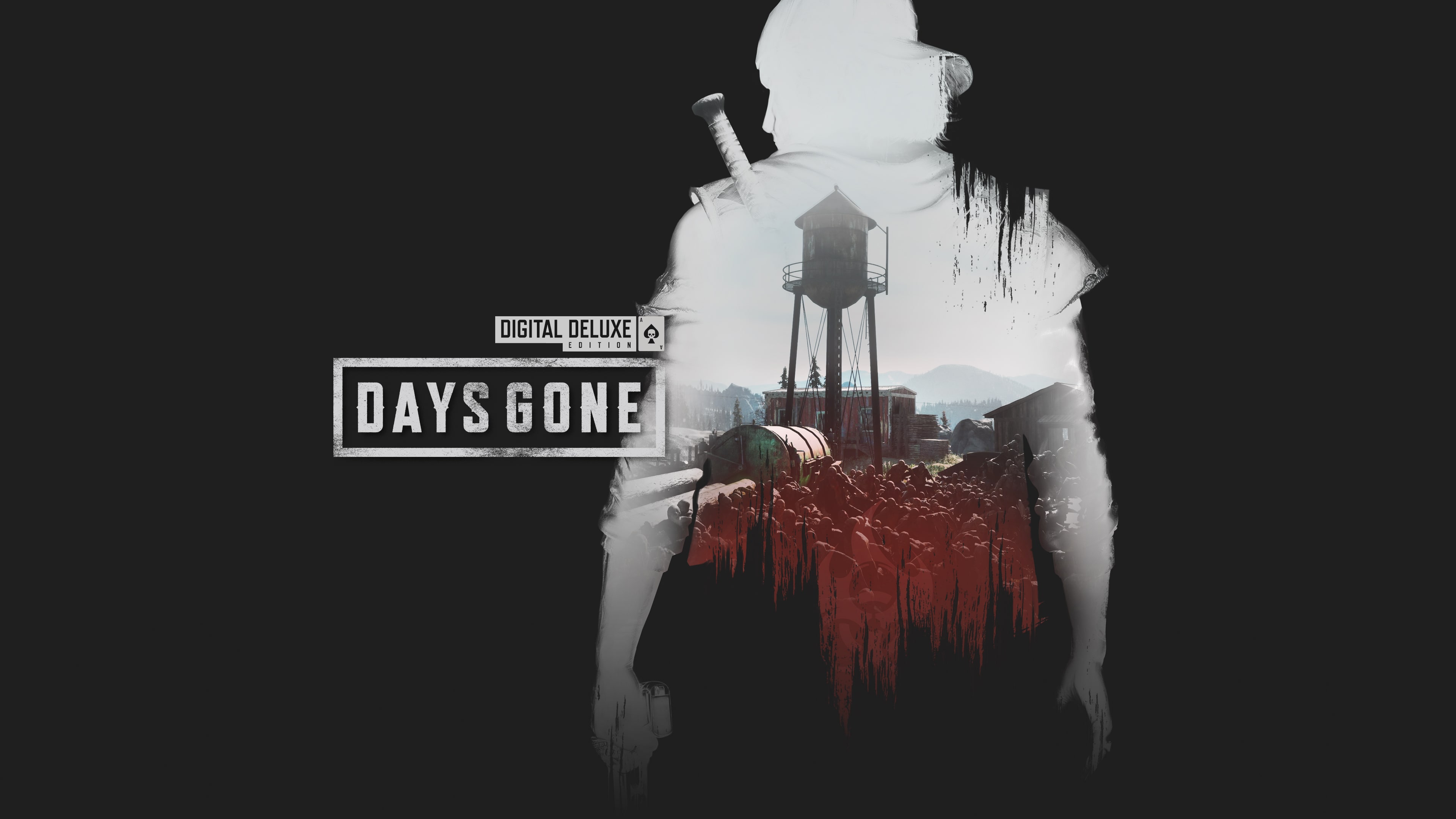 Silueta postavy s dvojitou expozicí krajiny s vodárenskou věží a hordou na černém pozadí s logem Days Gone Digital Deluxe Edition.