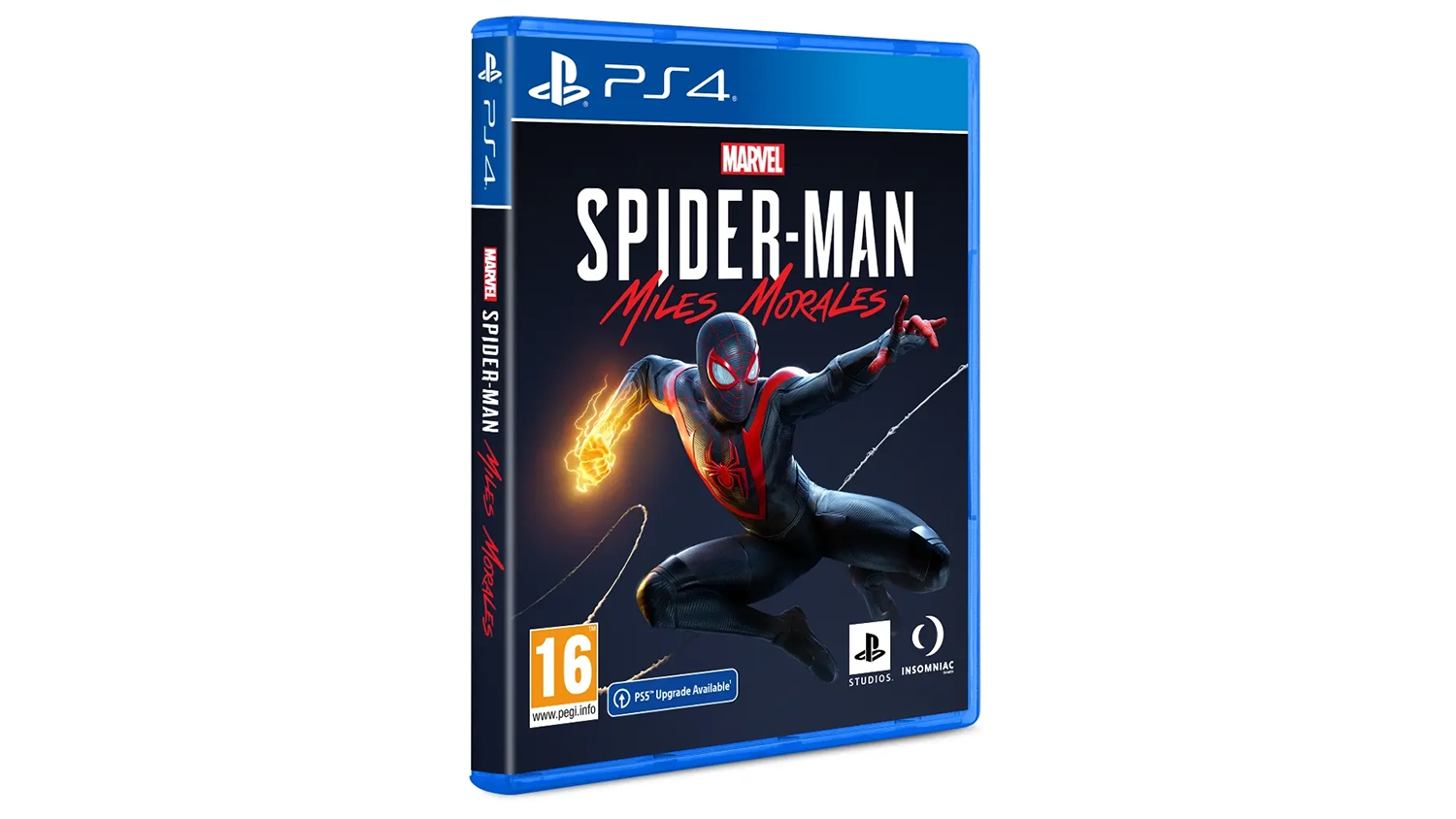 Obal hry Marvel's Spider-Man: Miles Morales pre PS4 zobrazuje hlavného hrdinu v čierno-červenom obleku s bioelektrickou päsťou.