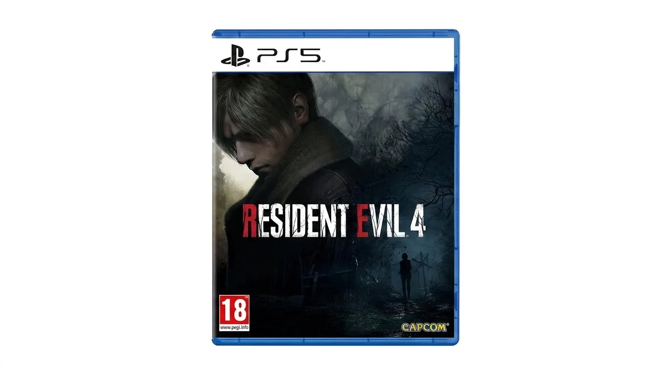 Obal hry Resident Evil 4 pro PlayStation 5 s vyobrazením postavy Leona S. Kennedyho na tmavém pozadí.