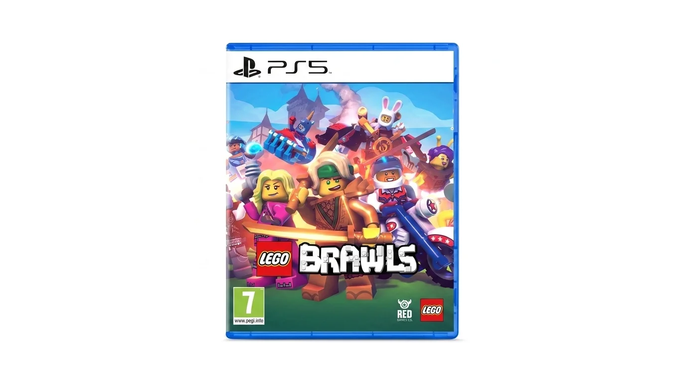 Obal hry LEGO Brawls pro konzoli PS5 s vyobrazením různých bojujících LEGO postaviček.