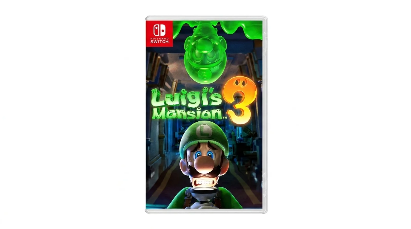 Obal hry Luigi's Mansion 3 pro Nintendo Switch s vyděšeným Luigim a jeho zeleným klonem Gooigi.