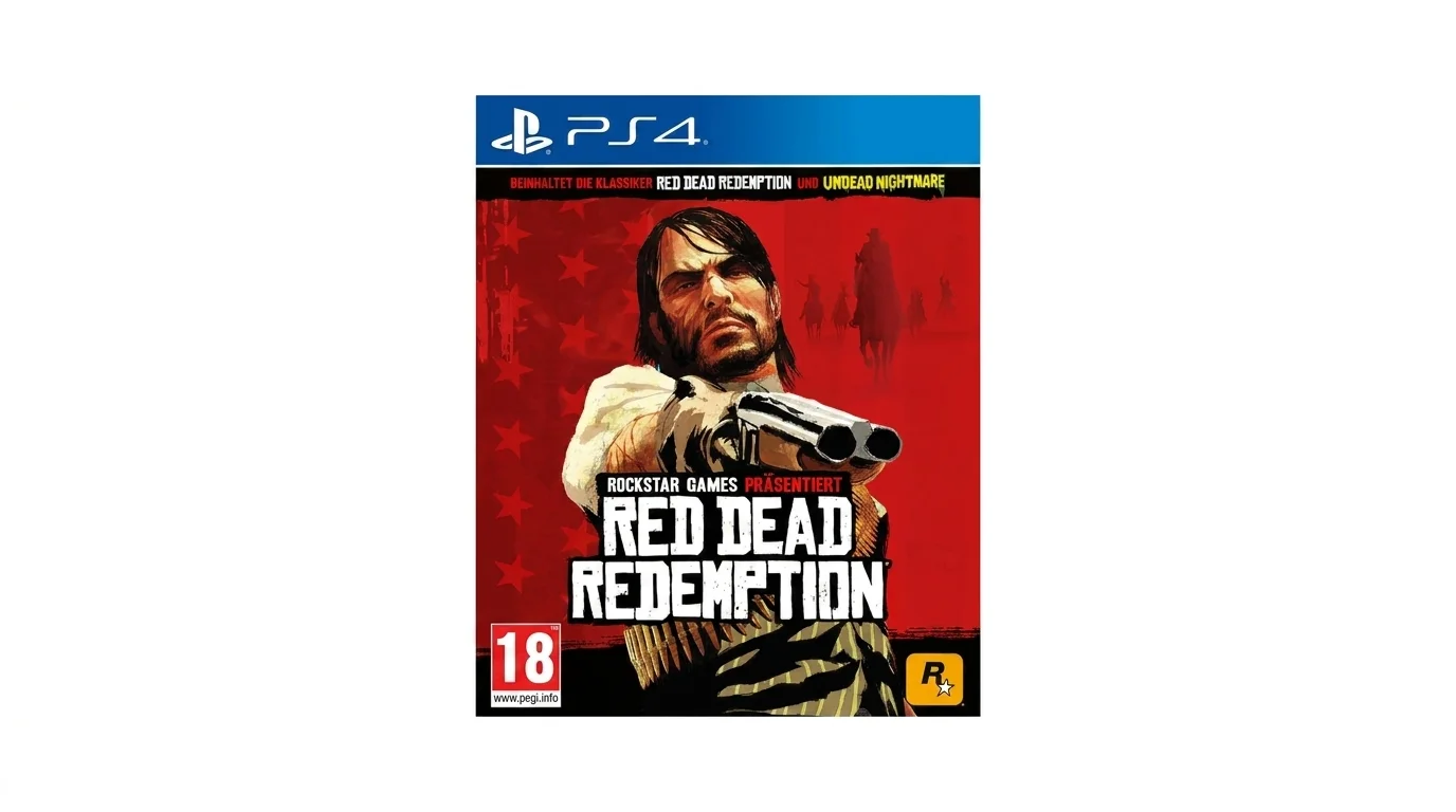 Obal hry Red Dead Redemption pre PS4 s vyobrazením Johna Marstona mieriaceho zbraňou na červenom pozadí.