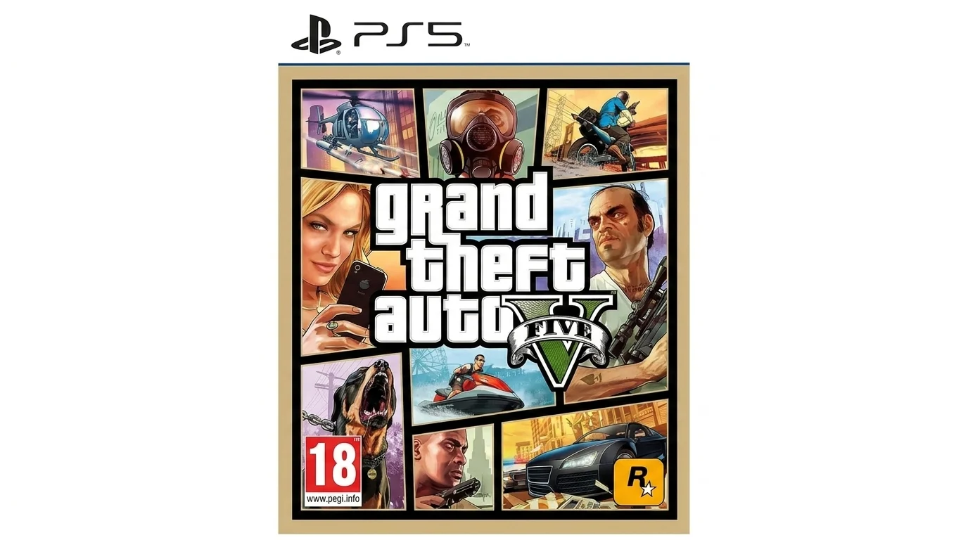 Obal hry Grand Theft Auto V pre konzolu PlayStation 5 s kolážou herných postáv a scén.