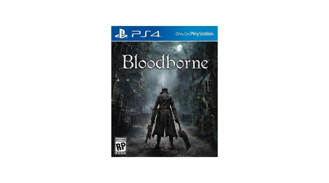 Obal hry Bloodborne pre PlayStation 4 s vyobrazením lovca v temných gotických uličkách.