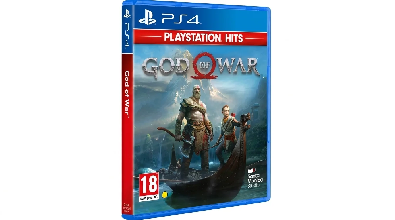 Krabička s hrou God of War pro PlayStation 4 z edice PlayStation Hits zobrazující postavy Krata a Atrea na lodi.
