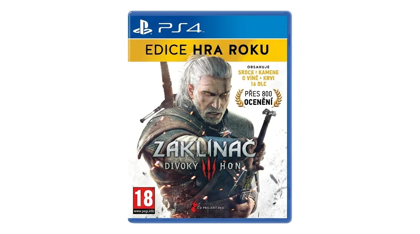 Přední strana obalu hry Zaklínač 3: Divoký Hon Edice Hra roku pro PS4 s Geraltem z Rivie.