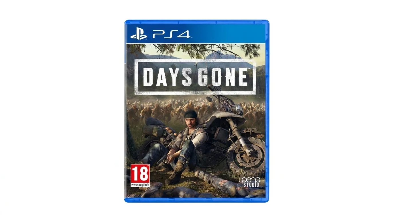 Obal hry Days Gone pro PS4 zobrazuje hlavního hrdinu opírajícího se o motorku s hordou v pozadí.