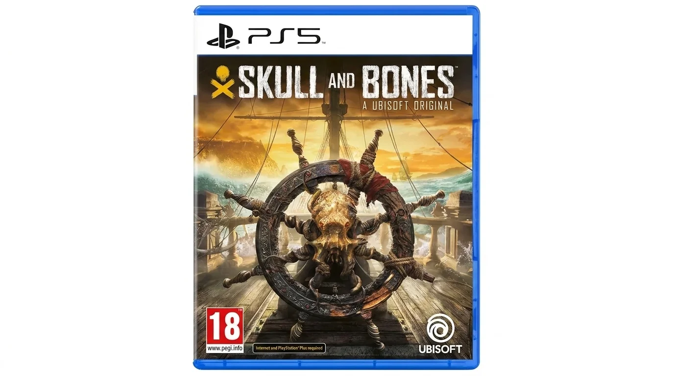 Obal hry Skull and Bones pro konzoli PS5 s motivem lodního kormidla na palubě plachetnice.